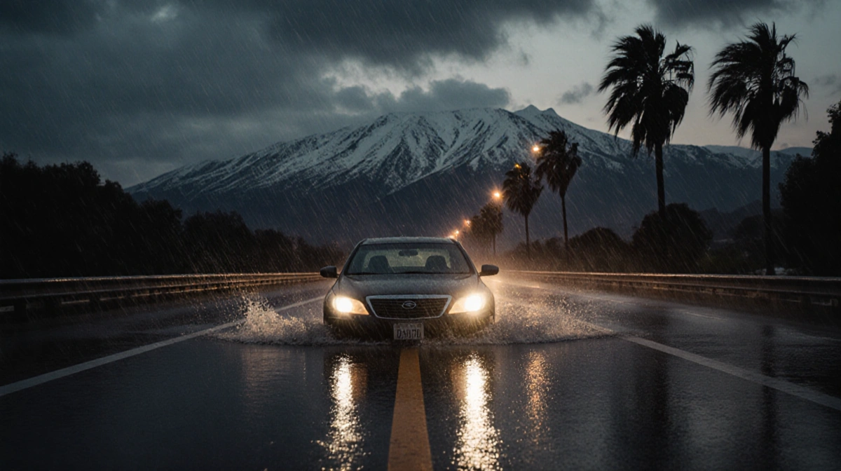 Partially submerged car glistening on rain-soaked highway with streetlights and snow‑capped peaks