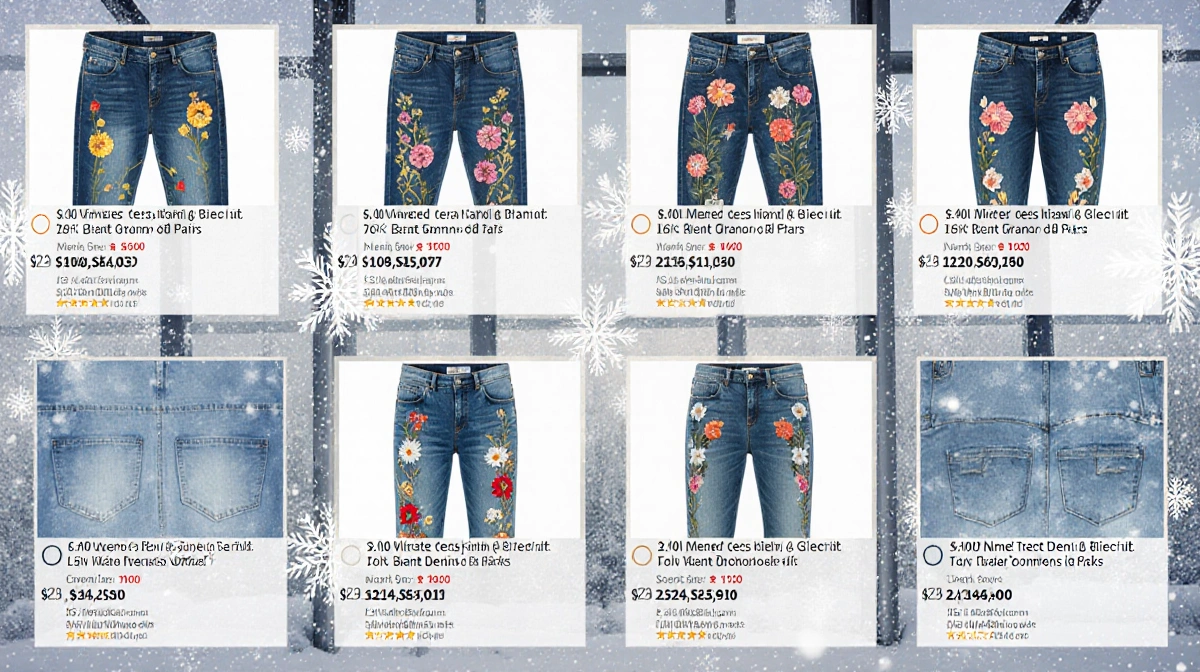 Eight floral embroidered denim jeans arranged in winter scene with snowflakes and brand labels showing prices