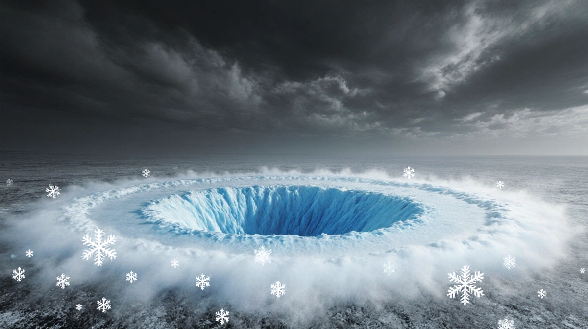 Frigid vortex swirls across grey sky with icy blue gradient and scattered snowflakes over Florida landscape