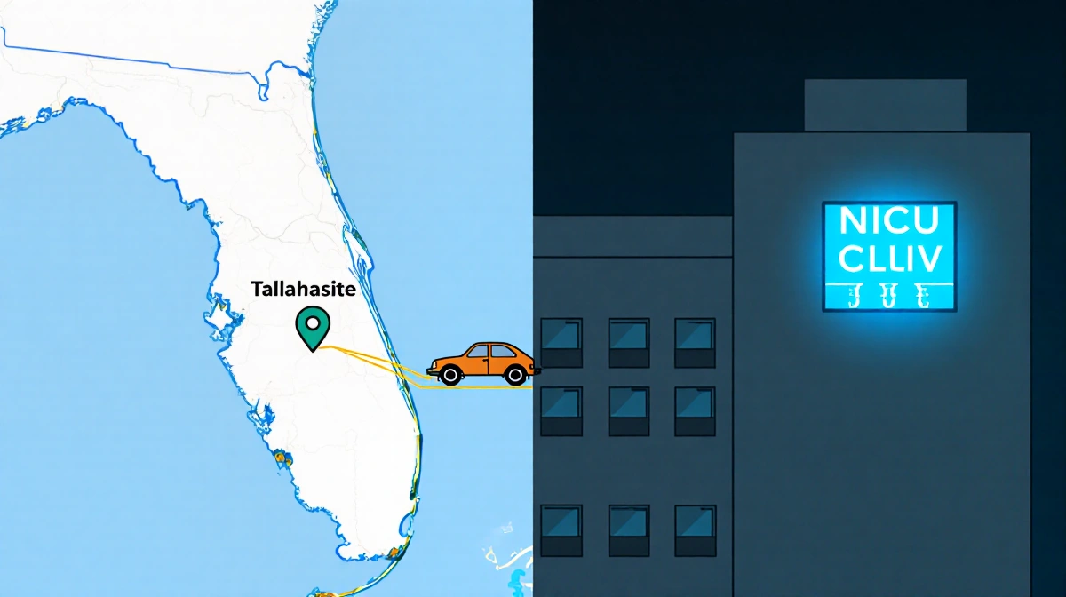 A small car drives along the highway between Tallahassee and Jacksonville with a hospital showing a blue light in the distanc