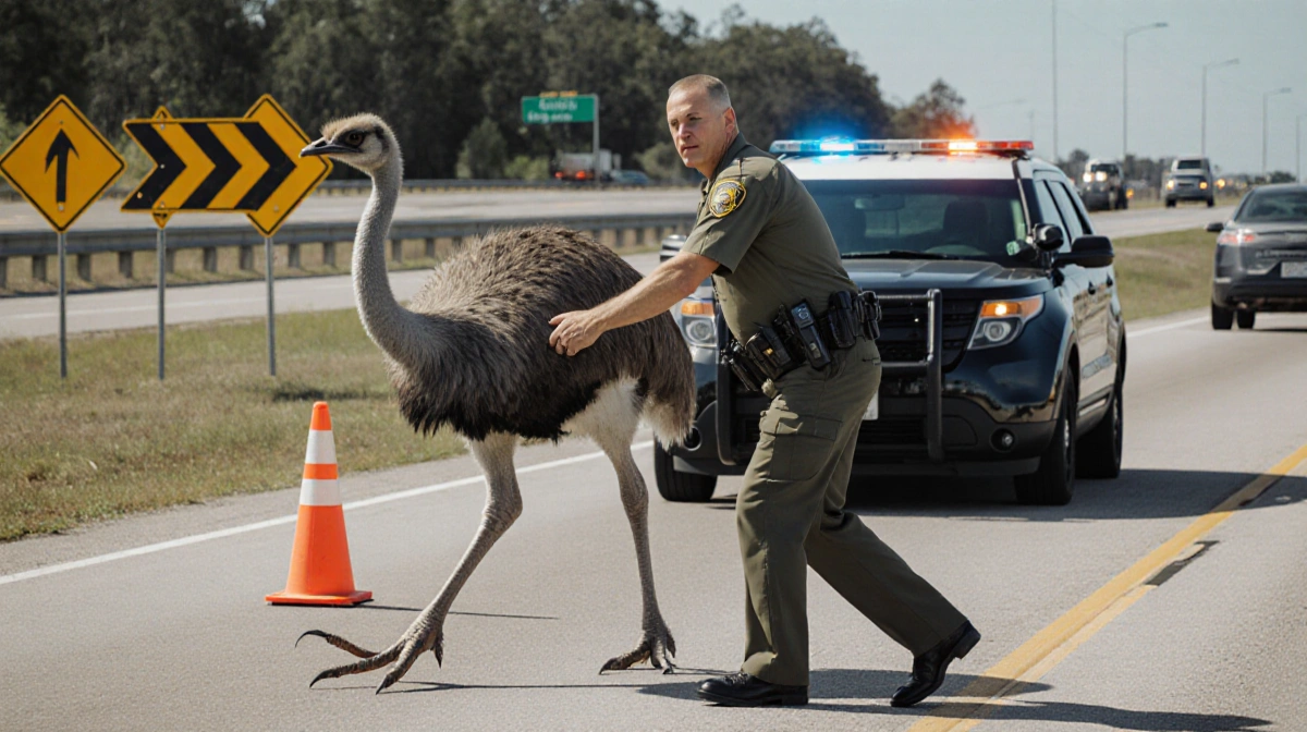 Deputy Keisler guiding emu away from traffic with patrol car and warning cones on highway