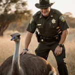 Florida deputy stands over subdued emu with handcuffs on wrist and rural landscape behind
