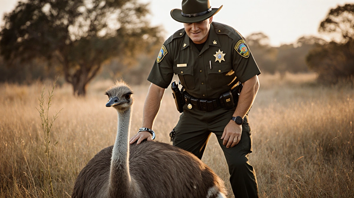 Florida deputy stands over subdued emu with handcuffs on wrist and rural landscape behind
