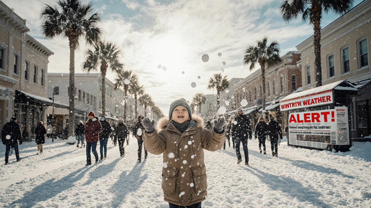 Child throwing snowballs with palm trees and snowy buildings showing rare Florida winter storm