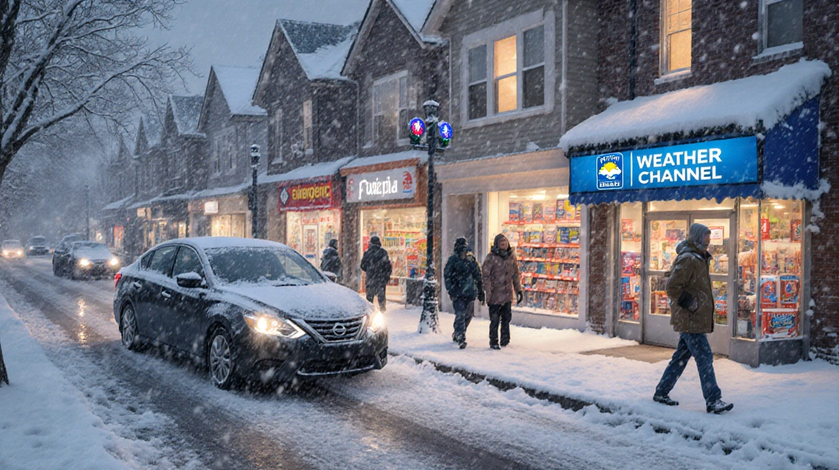 Florida residents bundle up while clearing snow-covered cars with emergency supplies in storefront windows showing the Weathe