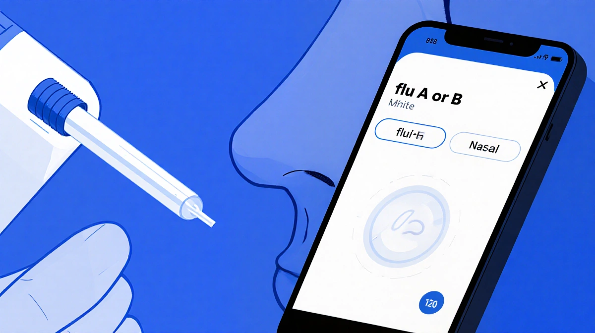 Swab inserting into nostril with test kit interface displaying flu A or B soothing blues and whites
