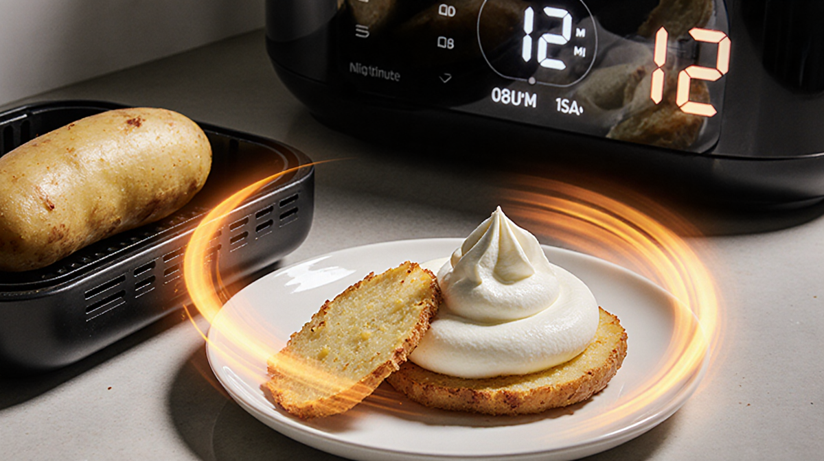 Plate showing fluffy potato with crispy golden skin and air fryer timer set to 12 minutes nearby