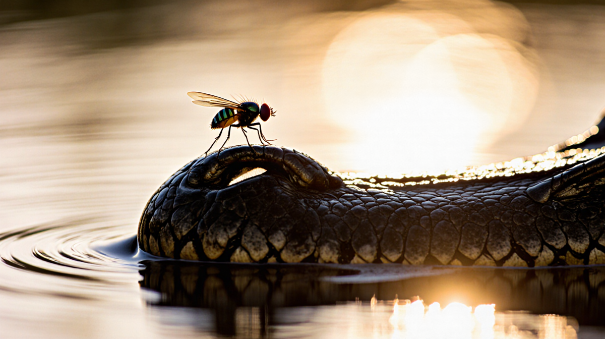 Fly hovering near crocodile nostril with golden sunset glow and rippling water