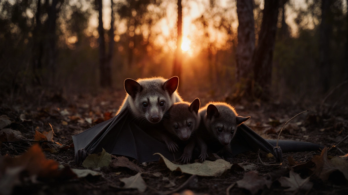 Two orphaned flying fox pups cling to their dead mother