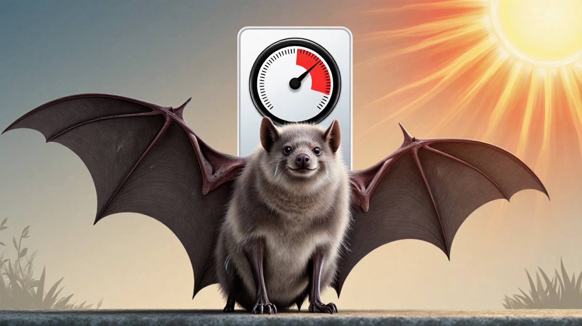 Grey-headed flying fox spreading wings with thermometer showing danger zone and heat waves in background