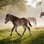 Adorable foal takes its first steps with wobbling front foot and lush meadow surroundings.
