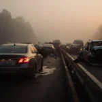 Lone car with hazard lights flashing sits in foggy freeway pileup with golden dusk light illuminating scattered vehicles