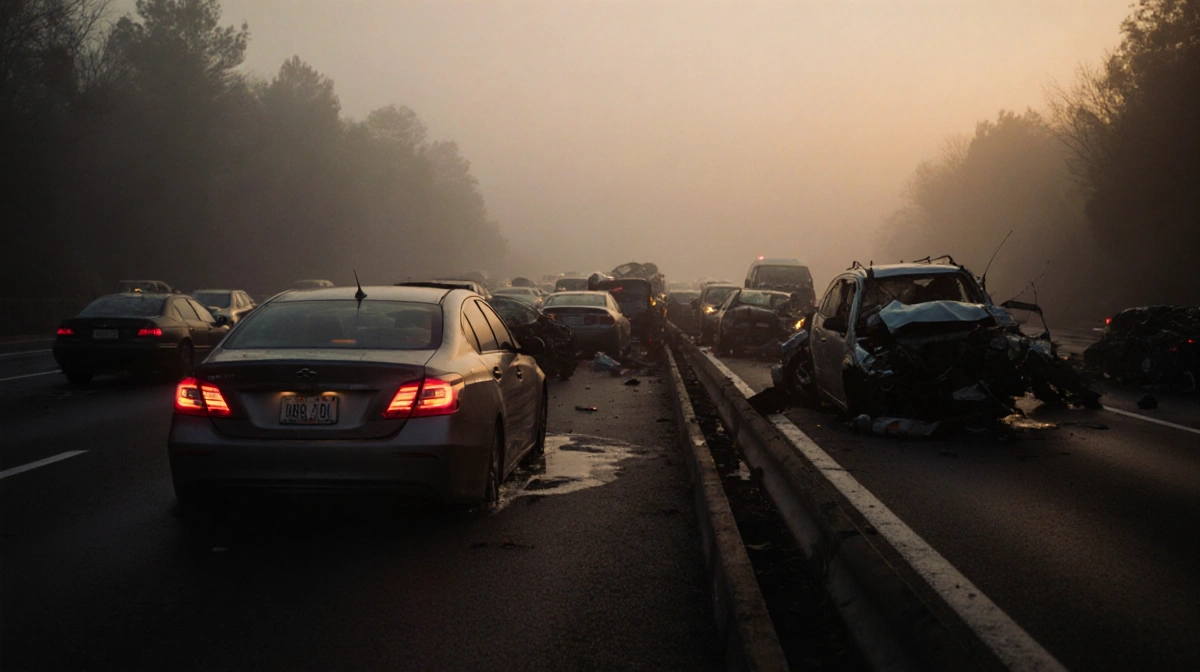 Lone car with hazard lights flashing sits in foggy freeway pileup with golden dusk light illuminating scattered vehicles