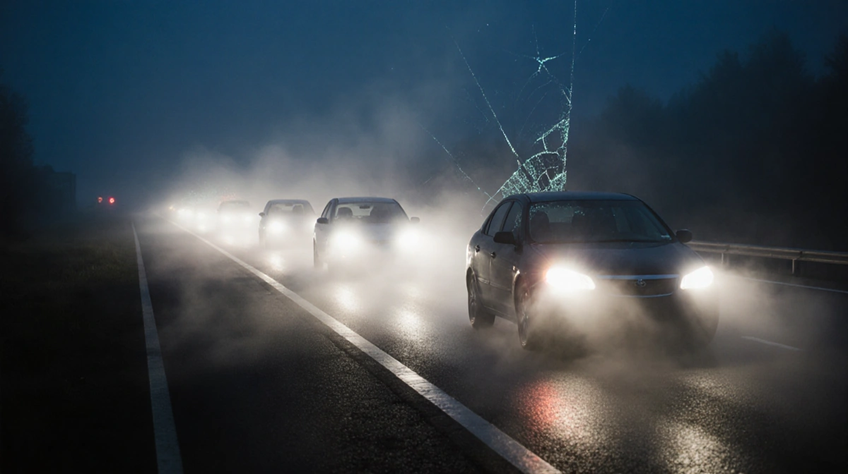 Cars stopped on foggy highway with headlights glowing through dense mist and brake lights visible