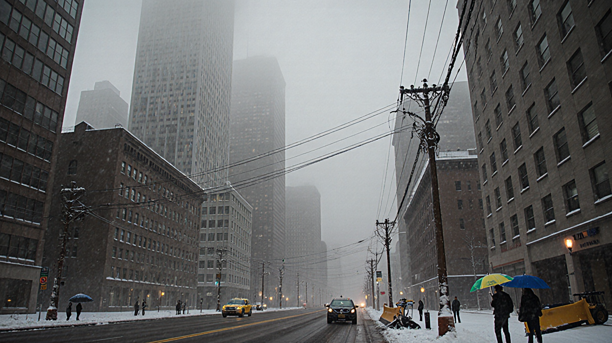 Fog rolls over a cityscape with skyscrapers shrouded in mist and a few stranded vehicles under umbrellas.