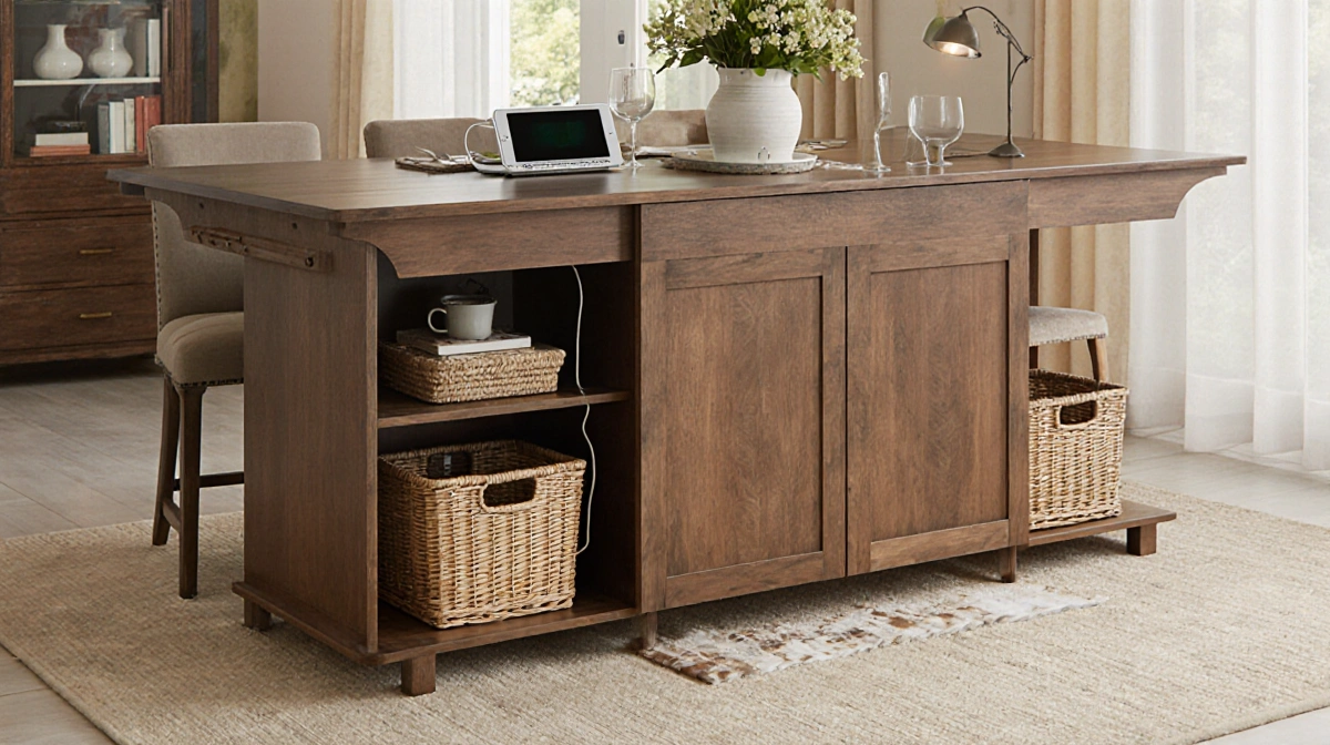 Ophelia & Co folding dining table opens with swing panels and stools tucked beneath while built-in shelving glows under warm 