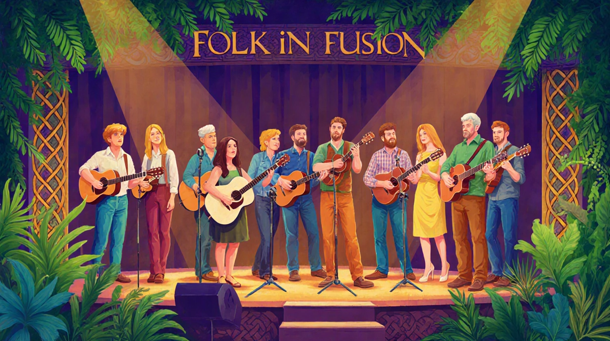 Musicians performing Folk iN Fusion music with lush greenery and Celtic patterns