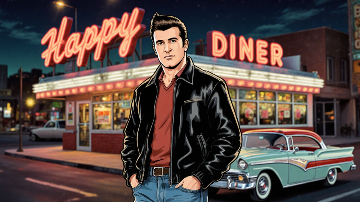 Henry Winkler as Fonzie poses in black leather jacket with 1950s diner and classic car behind him
