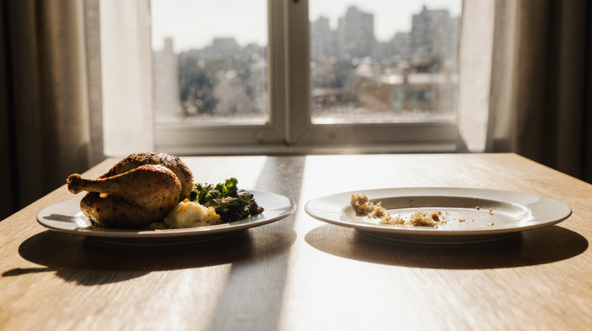 Split table shows full plate of roast chicken and vegetables facing empty plate with faded food remains while sunlight stream