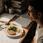 Person sits at cluttered desk looking at half-eaten balanced plate with meal planning books and warm light
