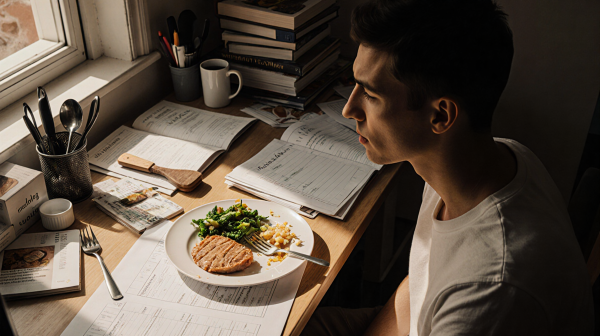 Person sits at cluttered desk looking at half-eaten balanced plate with meal planning books and warm light