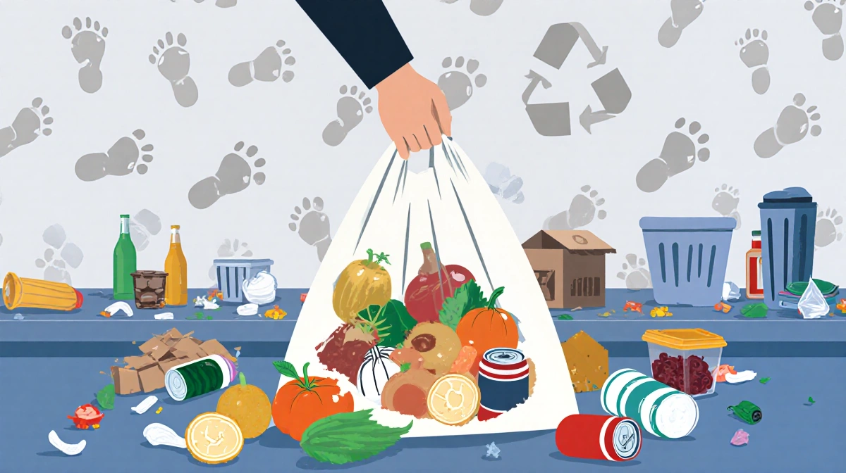 Person holding grocery bag with spoiled food and recyclable bottles near counter showing waste and carbon footprint.