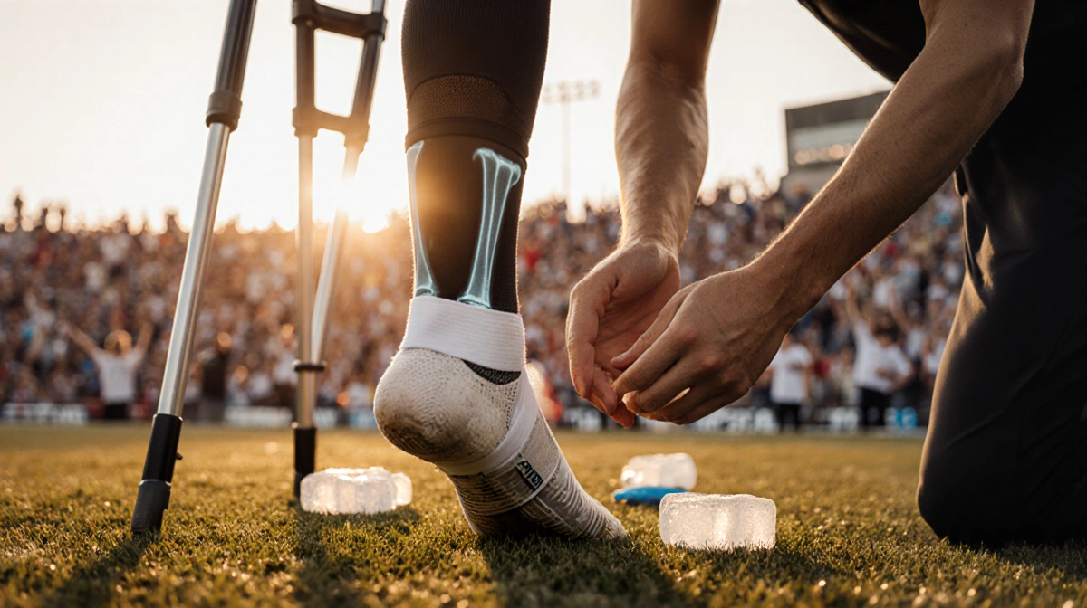 Football trainer examining injured player's bandaged ankle with X-ray visible through wrap and golden sunset over stadium