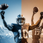 Football player celebrating touchdown with basketball player in background and snowy peaks behind