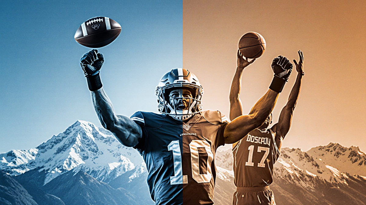 Football player celebrating touchdown with basketball player in background and snowy peaks behind