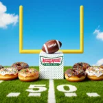 Dozen Krispy Kreme doughnut boxes arranged like goalposts on football field with blue sky and clouds above