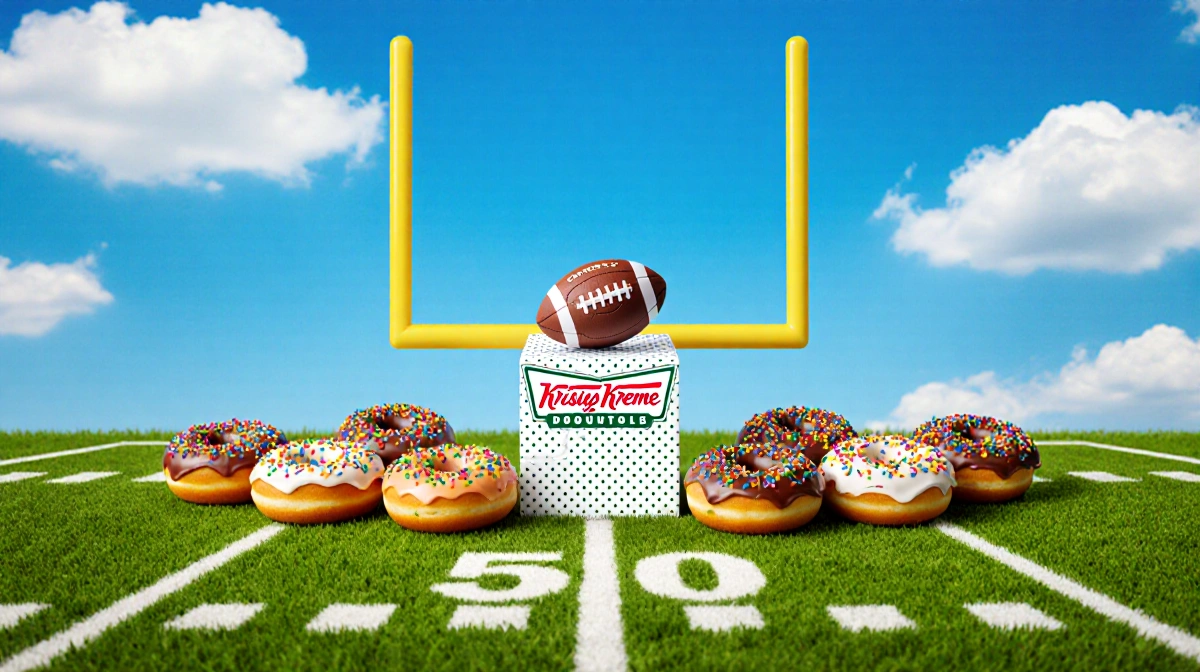 Dozen Krispy Kreme doughnut boxes arranged like goalposts on football field with blue sky and clouds above