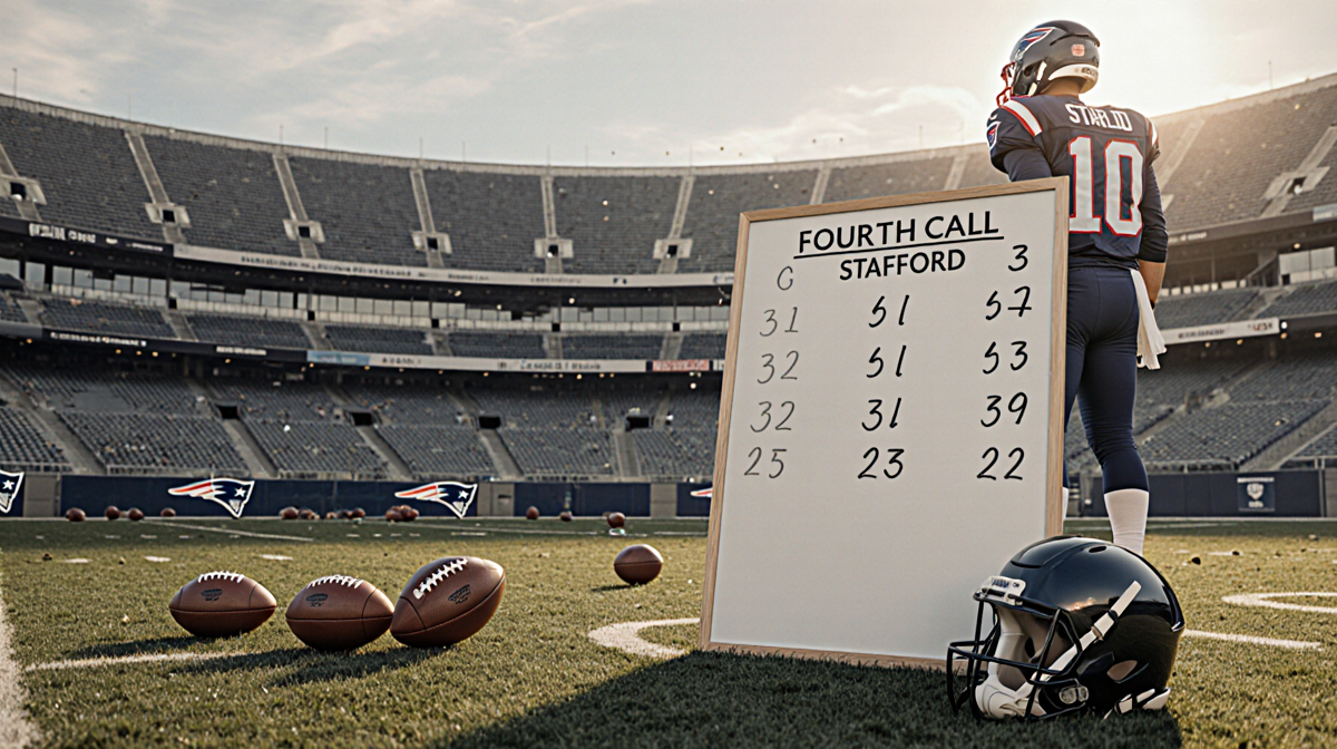 Coach writing play call with whiteboard on football field littered with helmets near Stafford's helmet