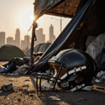 Football helmet lies abandoned near shelter with worn edges and blurred dusk cityscape in homeless encampment