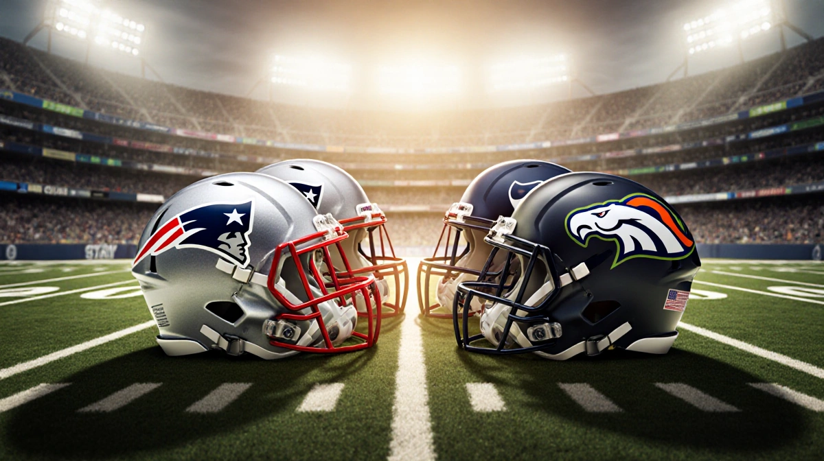 Football helmets from Patriots and Rams clash at midfield with Seahawks and Broncos logos visible and golden stadium lighting