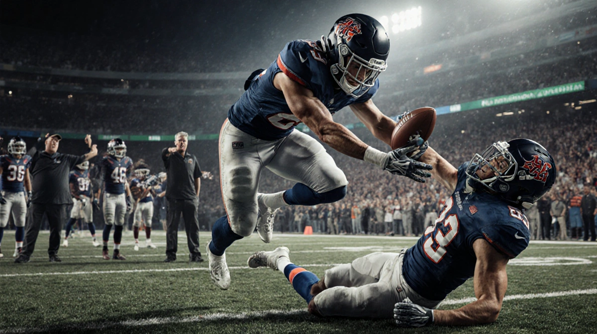 Football player leaping to block opponent with teammates in background showing support and focus