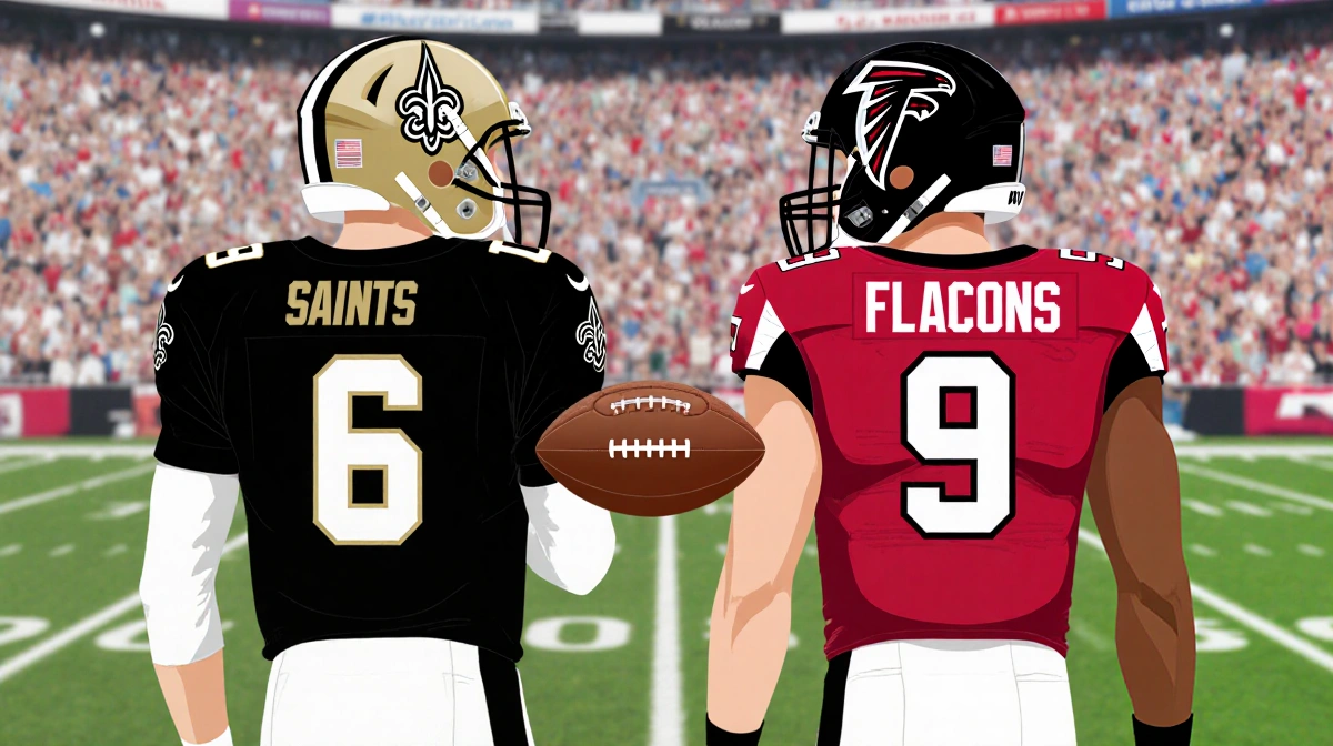 Saints quarterback facing Falcons receiver with black and gold jerseys and red and black jerseys and football between helmets