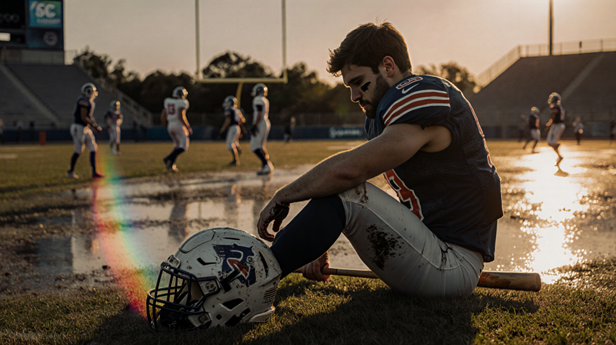 Jake Eldridge sits alone on a wet football field with a baseball bat and reflective stadium lights