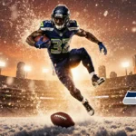Football player leaping through snow with golden light illuminating jersey and Denver skyline at sunset