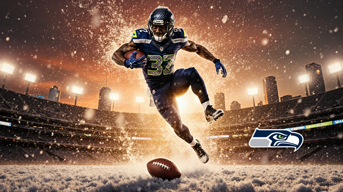Football player leaping through snow with golden light illuminating jersey and Denver skyline at sunset