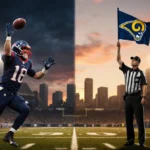 Football player throwing touchdown pass with referee holding flag and stadium lights glowing at sunset