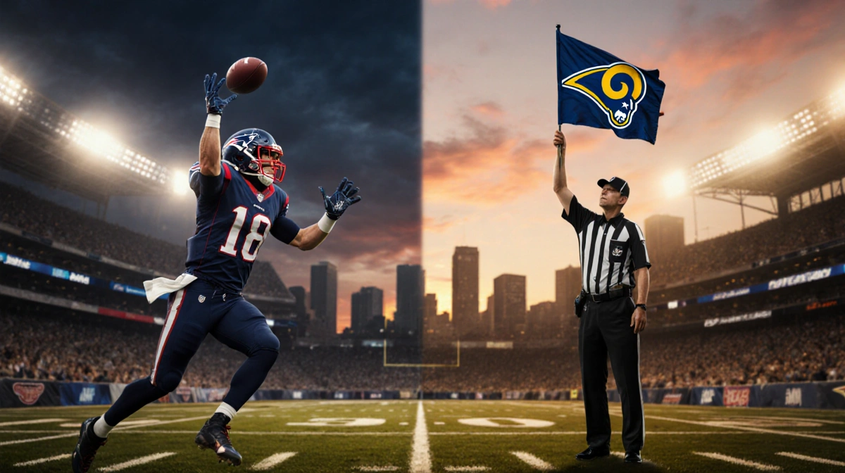 Football player throwing touchdown pass with referee holding flag and stadium lights glowing at sunset