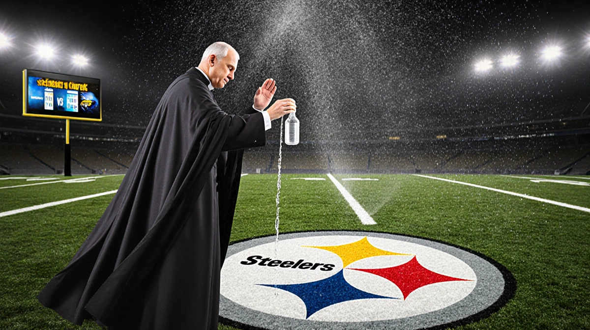 Priest blessing with holy water above Steelers logo on field and sprinkler droplets and scoreboard showing Steelers vs Ravens