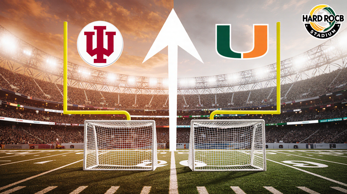 Split-screen photo showing football field with Indiana goal arrow upward Miami goal tilted crowd Rock logo corner warm colors