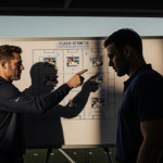 Sean McVay points to a playbook with Matthew Stafford looking concerned and stadium seats behind.