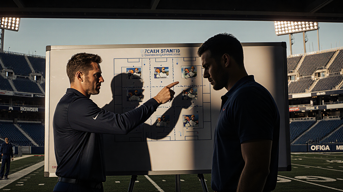 Sean McVay points to a playbook with Matthew Stafford looking concerned and stadium seats behind.