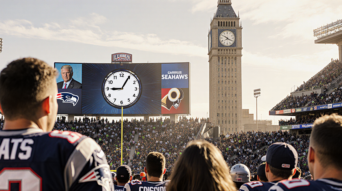 Packed stadium with countdown clock on Jumbotron and Levi