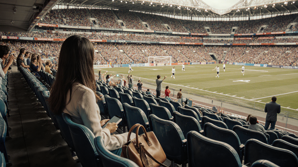 Empty seat symbolizing dedication in football stadium with worn handbag and missed call