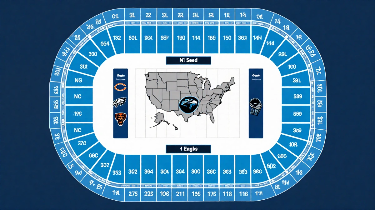 Football stadium with NFC seeding showing Seahawks No.1 seed and Eagles Bears Panthers on NFC map.