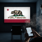 Person holding smartphone with eyes fixed on forbidden sign on surveillance screen and smoke