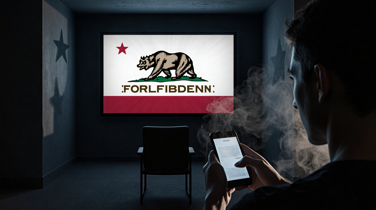 Person holding smartphone with eyes fixed on forbidden sign on surveillance screen and smoke